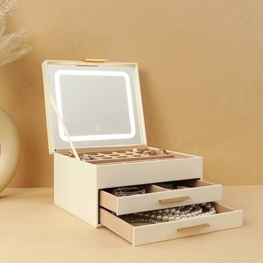 Cross-border PU three-layer cosmetic mirror with LED light high-end jewelry box earring ring necklace bracelet princess jewelry box