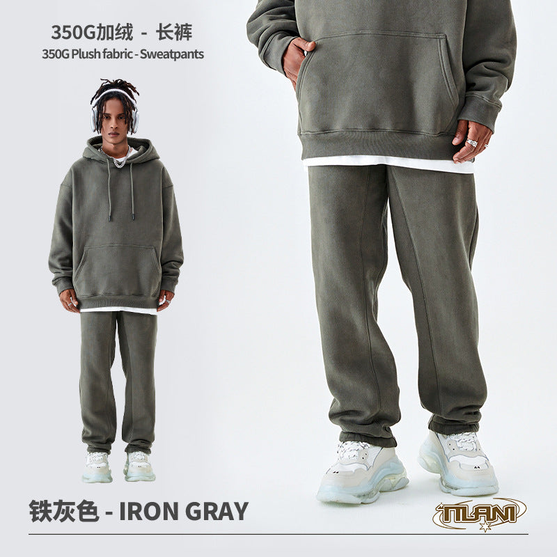 Tilani Men's Clothing European and American Trendy Brand High Quality 350g Fleece-Lined Thick Men's and Women's Hooded Sweatshirt and Sweatpants Pure Color Suit