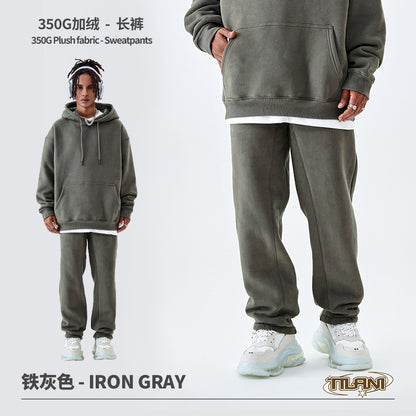 Tilani Men's Clothing European and American Trendy Brand High Quality 350g Fleece-Lined Thick Men's and Women's Hooded Sweatshirt and Sweatpants Pure Color Suit