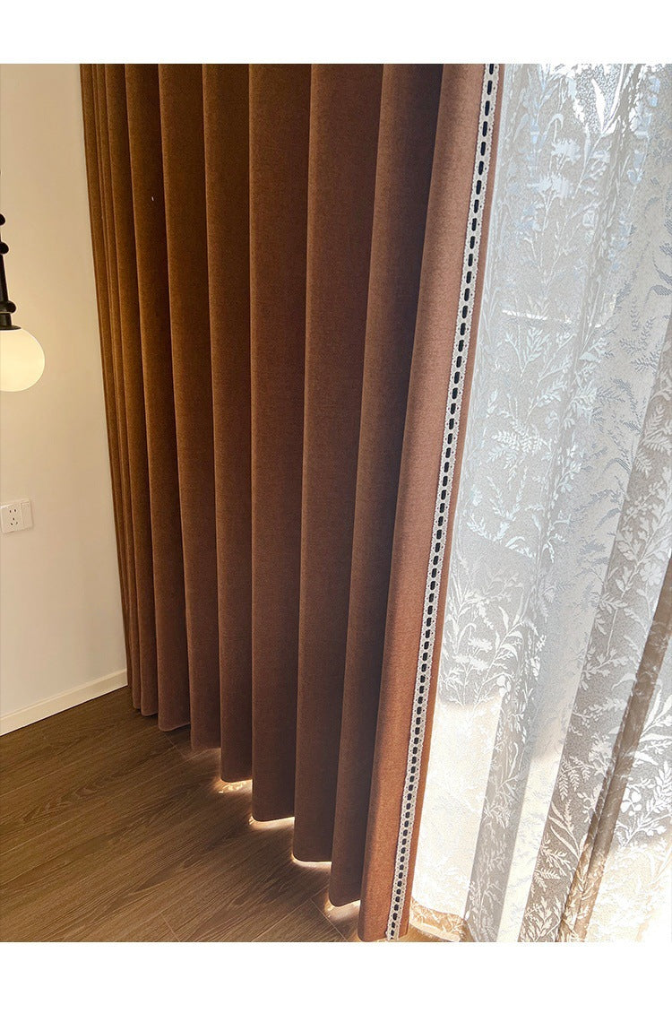 Ankra Brown Shading Bedroom Curtain New Full Shading Living Room High-Level Light Luxury Chenille Cream Curtain