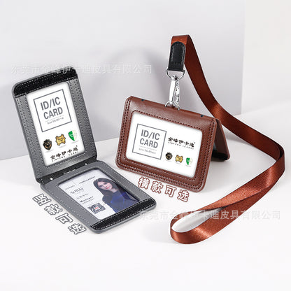 Strict selection of leather card set folding bank work card work card leather card certificate card set hanging rope badge bus