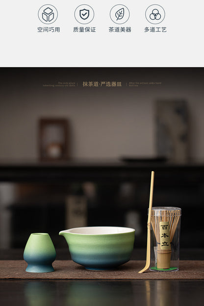 Japanese-Style Matcha Set with Gradient Ceramic Whisk, Tea Bowl, Whisk Holder, and Tea Brush