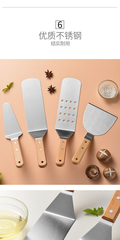 Wooden Handle Stainless Steel Spatula Korean Teppanyaki Cooking Spatula Steak Spatula Pancake Pizza Spatula Tool Set