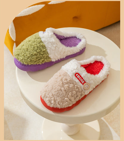 Cotton Slippers for Women, Autumn and Winter New Color Matching Home Indoor Non-Slip Warm Home Thick-Soled Plush Slippers for Men