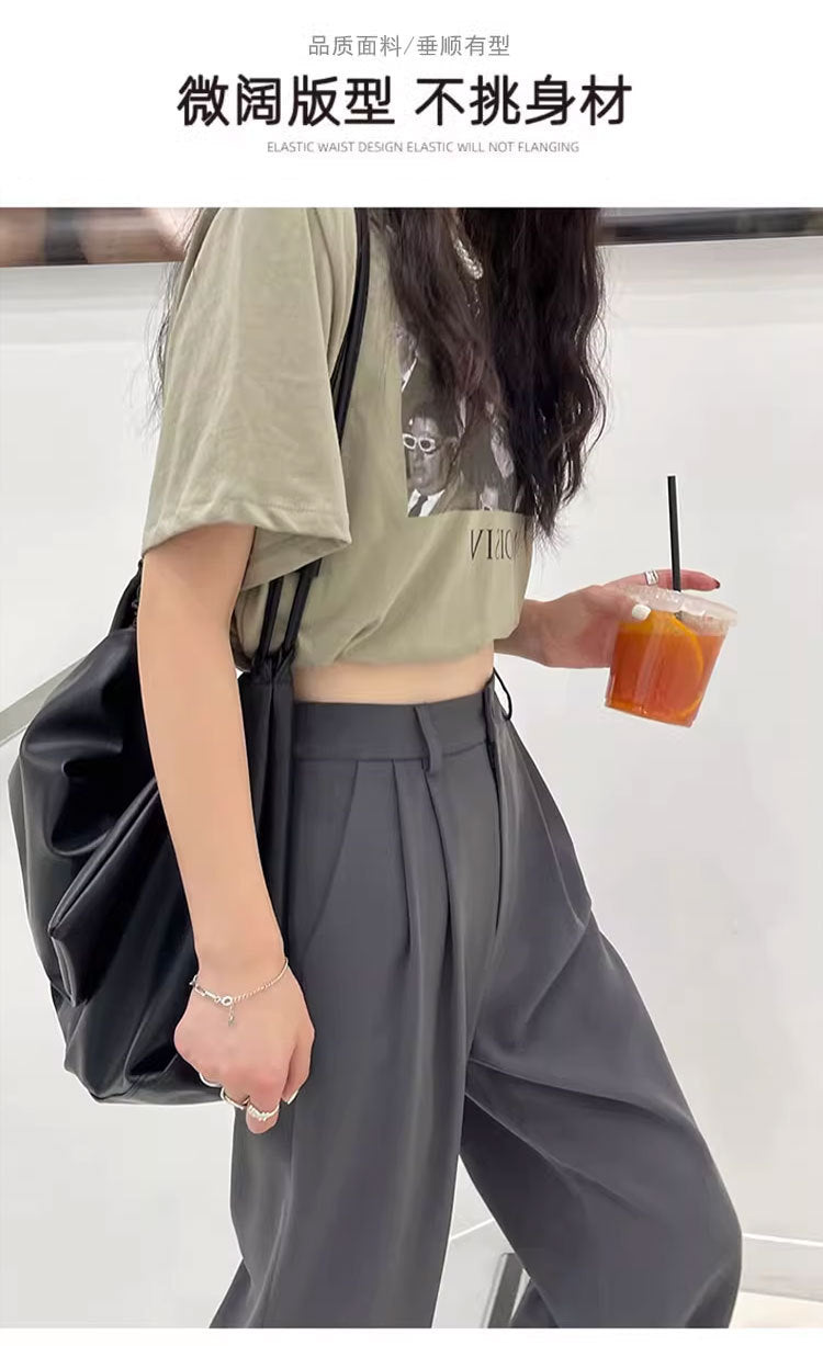 Gray Suit Pants for Women Spring and Summer New High-Waisted Double Pleated Slim Floor-Length Trousers Casual Straight Wide-Leg Pants