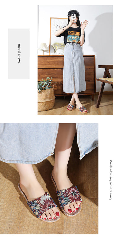 Four Seasons Home Linen Slippers Fashion Printed Thick Sole Non-Slip Sweat-Absorbent Wear-Resistant Large Sole Couple Linen Slippers Ethnic Style