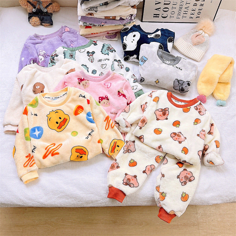 Men's and Women's Flannel Pajamas suit Autumn and Winter Middle and Big Children's Warm fleece-lined Thickened Autumn Clothes and Pants Home Clothes