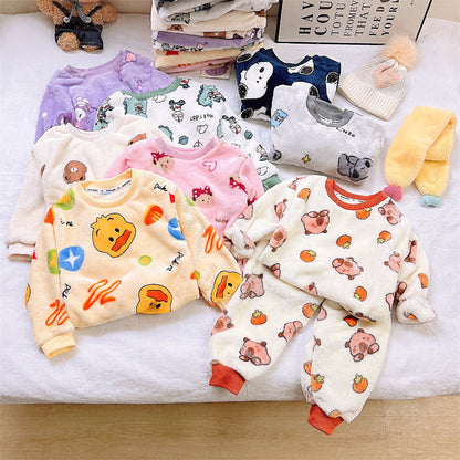 Men's and Women's Flannel Pajamas suit Autumn and Winter Middle and Big Children's Warm fleece-lined Thickened Autumn Clothes and Pants Home Clothes