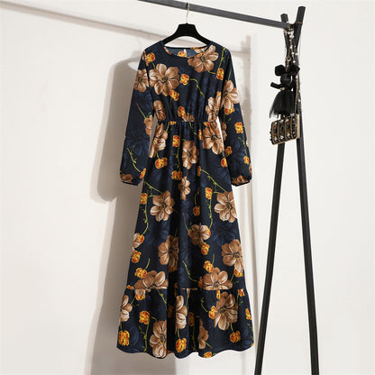 Cross-border Foreign Trade Floral Chiffon Long Dress Women's Spring Dress Long Sleeve Crewneck Base Skirt Waist Slim Long Dress