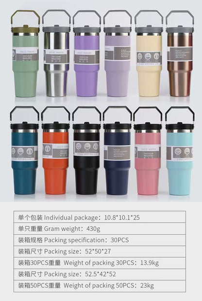 Cross-Border 30oz Stainless Steel Car Cup Large Capacity Car Portable Ice Cup with Straw Single Drink Thermos Cup