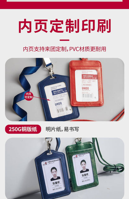 High-End Genuine Leather Card Holder with Company Logo Printing, Leather Name Badge, Employee Id Card, Access Card Holder