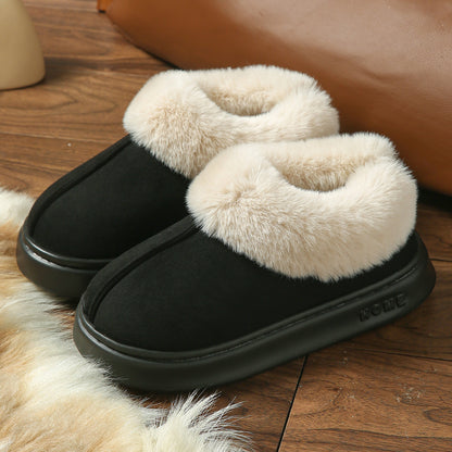 2025 Cross-Border New Pure Color Suede Splicing Home Slippers Thick-Soled Non-Slip Plush Warm Couple Cotton Shoes for Women