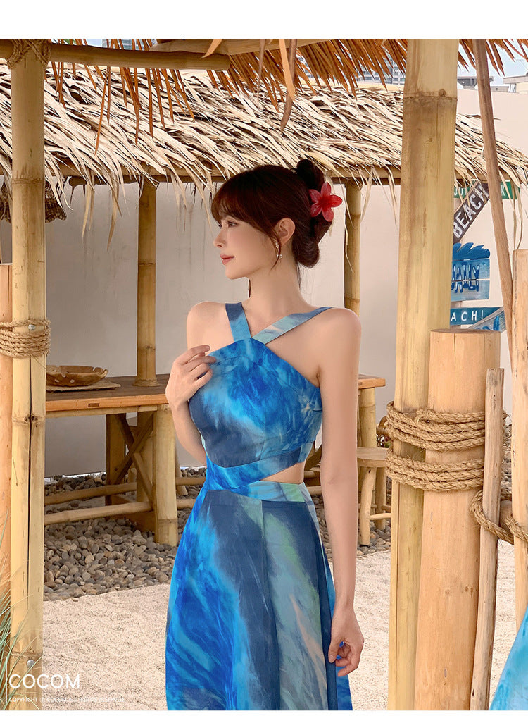 Foreign Trade Women's 2025 Summer New Temperament Sling Long Dress Fashion Waist Chiffon Printed Large Swing Dress dress