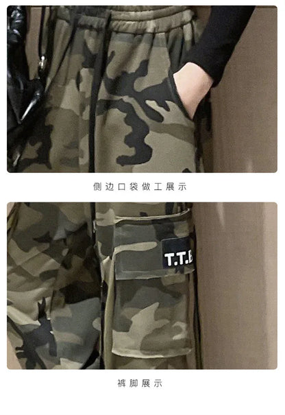Girls Camouflage Pants Kids Fashion Casual High waisted wide leg pants 2025 Spring Fall ClothesTeen Girl Trousers 8 10 12 14Y