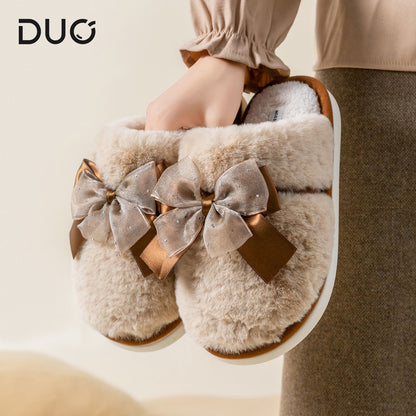 Bow Plush Cotton Slippers for Women Autumn and Winter 2025 New Warm Indoor Home Soft Sole Anti-Slip Confinement Slippers