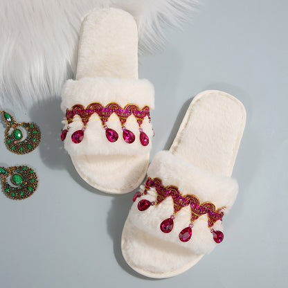 Thick-Soled Furry Slippers for Women in Autumn and Winter Indoor and Outdoor 2025 New Tassel Rhinestone Plush Slippers One-Line Cotton Slippers for Women