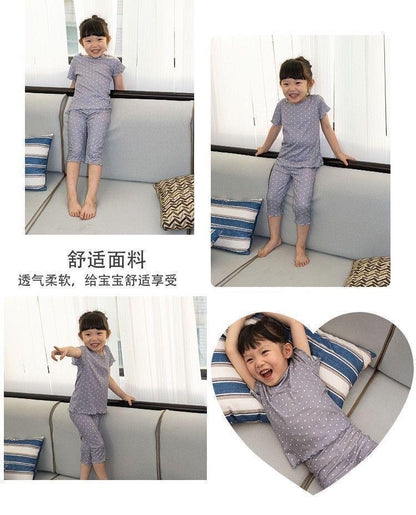 Children's Thin Short-Sleeved Air-Conditioned Clothing for Boys and Girls Summer Pajamas suit Can Wear Outfit Baby's Home Clothes Two-Piece Fashionable Set