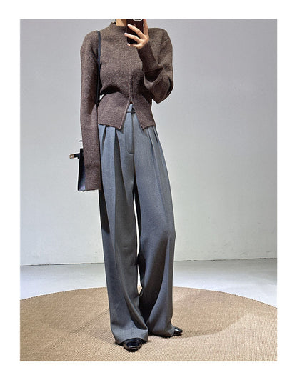 Spring and Autumn New Style Old Money Style Brown Coffee Color Suit Pants for Women, Wide-Leg Pants with Drape Effect, Slimming, Extended Length for Tall Individuals, Straight-Leg Pants