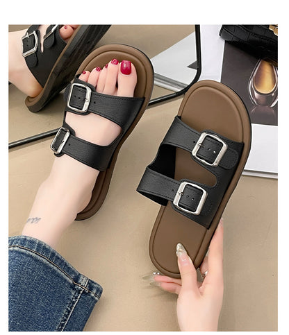Cross-Border Slippers for Women Summer Flat-Soled Double-Strap Double-Buckle Slippers Southeast Asia New Foreign Trade Fashion Outer Wear Beach Sandals