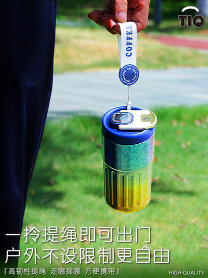 Pure Titanium Insulated Cup with Strap, Coffee Cup, Car-Mounted One-Handed Opening Lid, Antibacterial and Fresh-Keeping Titanium Cup, Fully Titanium Car-Mounted Portable