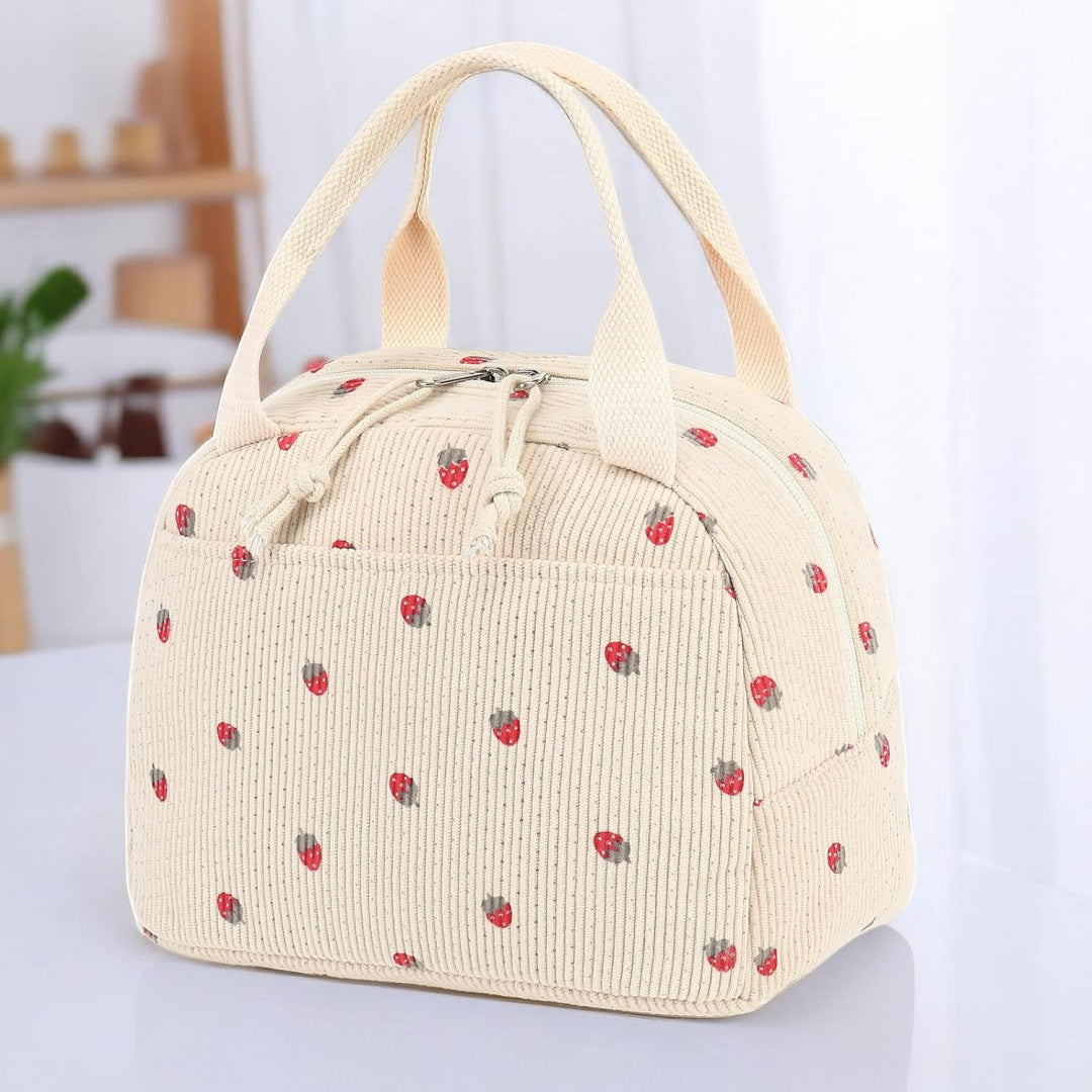 Cross-Border New Product Corduroy Printed Portable Lunch Bag Large Capacity Travel Picnic Ice Bag Work Insulation Bag