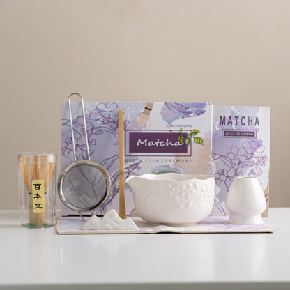 Directly Supplied from the Manufacturer, Exclusively for Cross-Border Trade, Ceramic Matcha Bowl Set with Embossed Cherry Blossom Design, 7-Piece Set with Spout, High Aesthetic Value, Color Box Packaging
