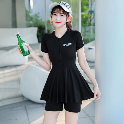 plus size swimsuit women's one-piece skirt short sleeve professional sports swimsuit mother 200kg conservative belly slim hot spring