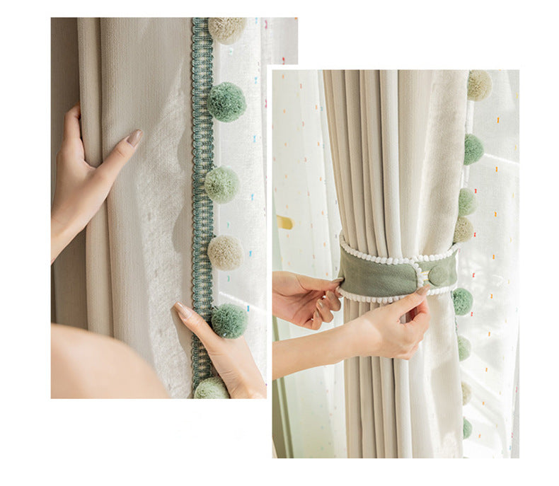 Cream-Colored Chenille Blackout Curtains for Children's Room, Sleeping Beauty Style, with Pom-Pom Design, Custom-Made Finished Product