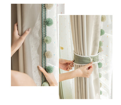 Cream-Colored Chenille Blackout Curtains for Children's Room, Sleeping Beauty Style, with Pom-Pom Design, Custom-Made Finished Product