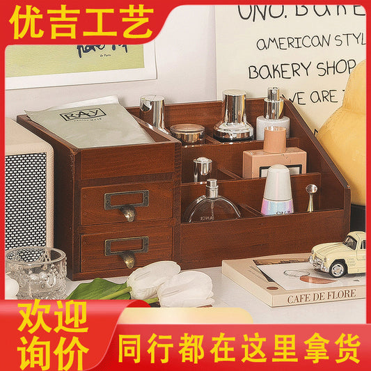 Cosmetic Storage Box Wooden Small Drawer-Type Dressing Table Desktop Storage Rack Partition Organizer Box Large Capacity