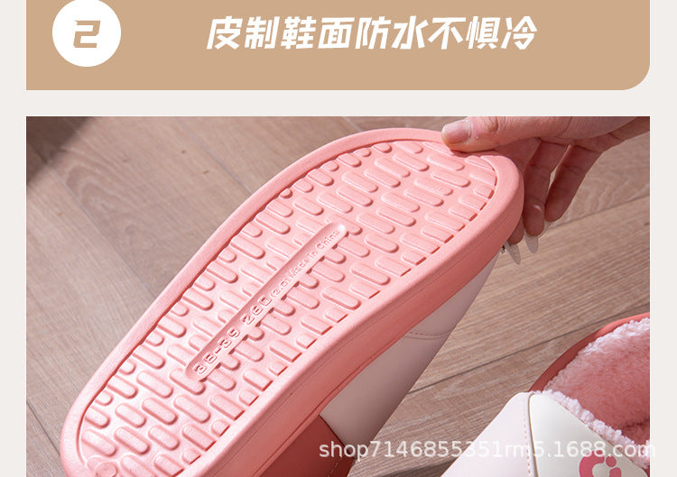 New Leather Waterproof Cotton Slippers for Women in Winter Indoor Thick-Soled Warm Home Fleece-Lined Bag and Couple Wool Slippers for Men