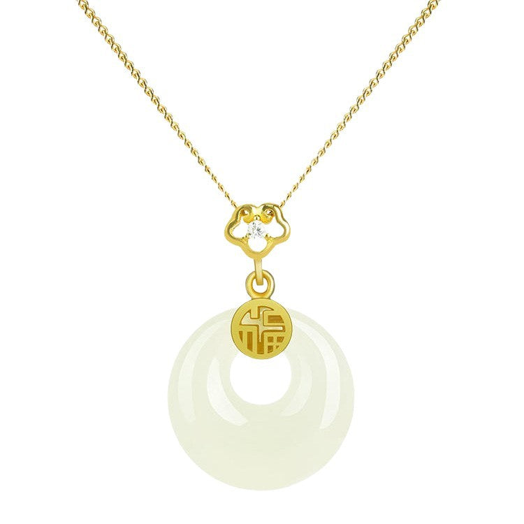 S925 Sterling Silver Hetian Jade Necklace for Women, Chinese Style with the Character for Fortune, Versatile Light Luxury Collarbone Chain, Elegant Gift Accessory, Jade