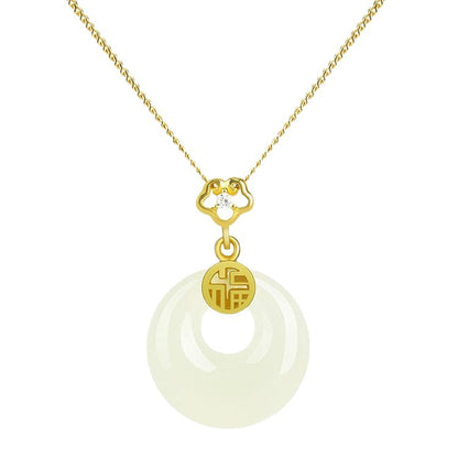 S925 Sterling Silver Hetian Jade Necklace for Women, Chinese Style with the Character for Fortune, Versatile Light Luxury Collarbone Chain, Elegant Gift Accessory, Jade