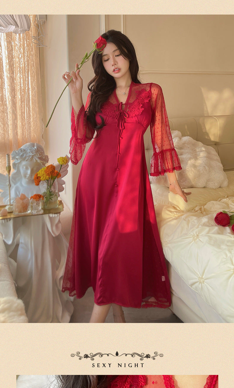 Sexy Pajamas Women's dress Ice Silk French Court with Chest Pad Pure Desire Fairy Nightdress 2025 New Summer