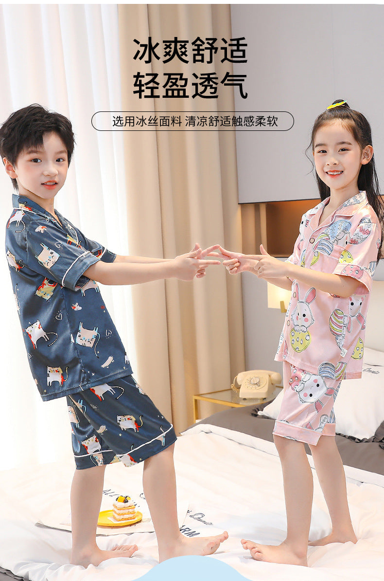 Children's Home Suit Summer Thin Boys and Girls Short-sleeved Cropped Pants Air-conditioning Suit 3-8 Children's Pajamas