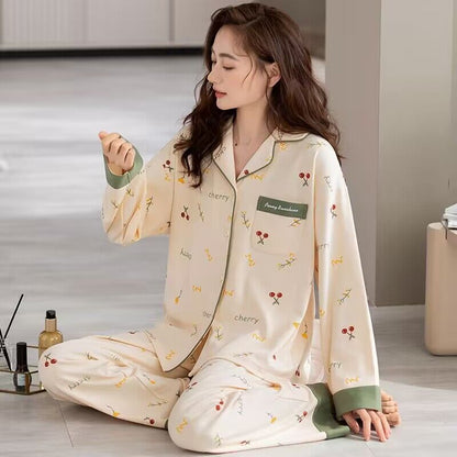 Autumn and Winter Women's 100 Pure Cotton Pajamas Women's Loose Cardigan for Middle-aged and Elderly Mothers Spring and Autumn Long-sleeved Casual Home Clothes