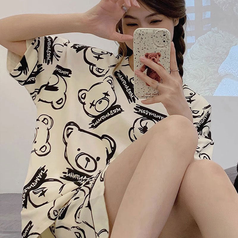New Style Pajamas Women's Summer Short-sleeved Pullover Thin Cartoon Cartoon Bear Girl Home Clothes suit Women's Outwear