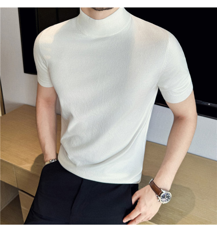 Tiktok Taobao Dropshipping Men's Short-Sleeve Knitwear, Fashionable Versatile Half-Turtleneck Slim-Fit Half-Sleeve Sweater Base Shirt