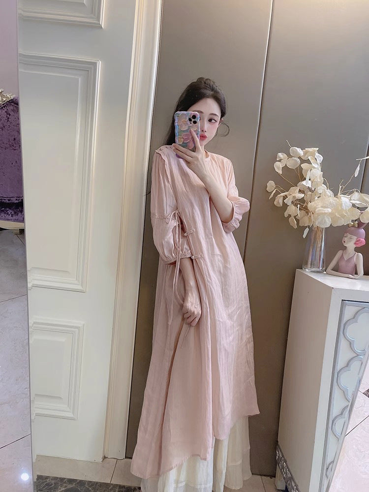 Summer New Style Quality Ramie Handmade Buckle Lace Lace Guofeng dress Double-Layer Skirt suit