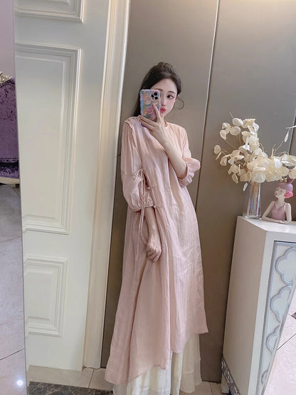 Summer New Style Quality Ramie Handmade Buckle Lace Lace Guofeng dress Double-Layer Skirt suit