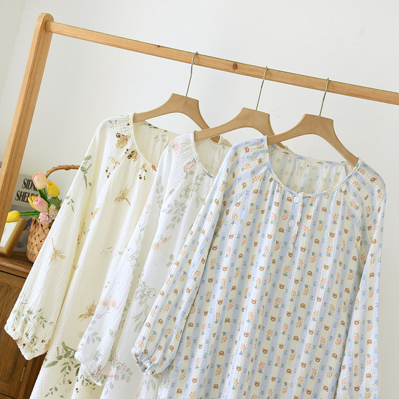 Crewneck Nightdress Women's Pajamas Spring and Autumn Cotton Long-sleeved dress Spring and Summer suit Cartoon Home Clothes for Women