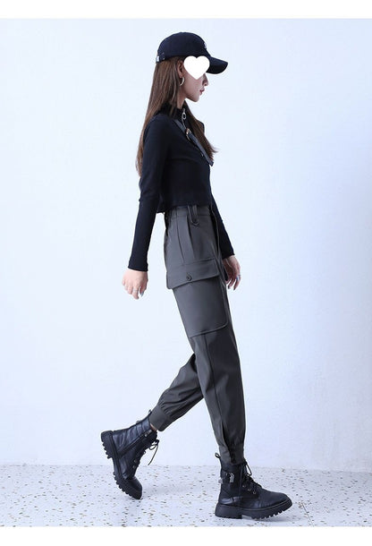 Women's Fleece-Lined Thickened Winter Korean-Style Cargo Pants, Jogger Loose Slimming Ins Harem Casual Pants for Students