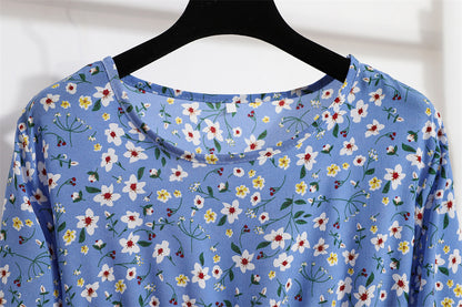 Cross-border Foreign Trade Floral Chiffon Long Dress Women's Spring Dress Long Sleeve Crewneck Base Skirt Waist Slim Long Dress