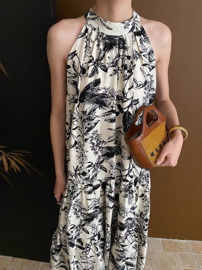 French Ink Print Sling dress Summer 2024 New Elegant Cool Beach Seaside Holiday Midi Dress