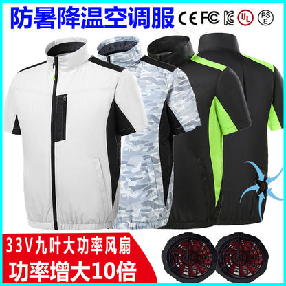 Summer new short-sleeved heatstroke prevention and cooling with fan air conditioning clothing men's work charging refrigeration welder cooling overalls