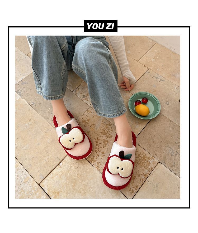 Apple Cute Closed-Toe Plush Cotton Slippers for Women, Winter 2026 New Model, Indoor Home Warm Non-Slip Odor-Resistant