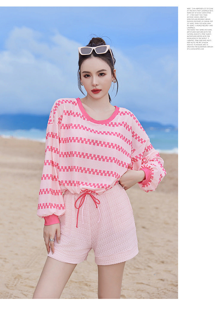 2024 new swimsuit women's split four-piece suit belly covering slimming gathered small chest South Korea ins style Hot Spring