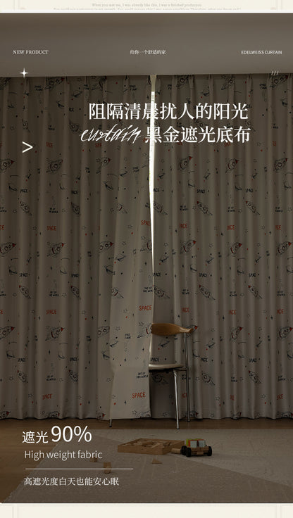 Children's Curtain Digital Printing Black Gold Shading Base Cloth Space Soaring Pattern Bedroom Living Room Shading Curtain Supply