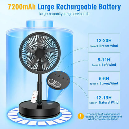 XIAOTREE Wireless Folding Desk Fan Telescopic Outdoor Travel Camping Floor Fan With 7200 mAh USB Rechargeable Fan Standing Fan