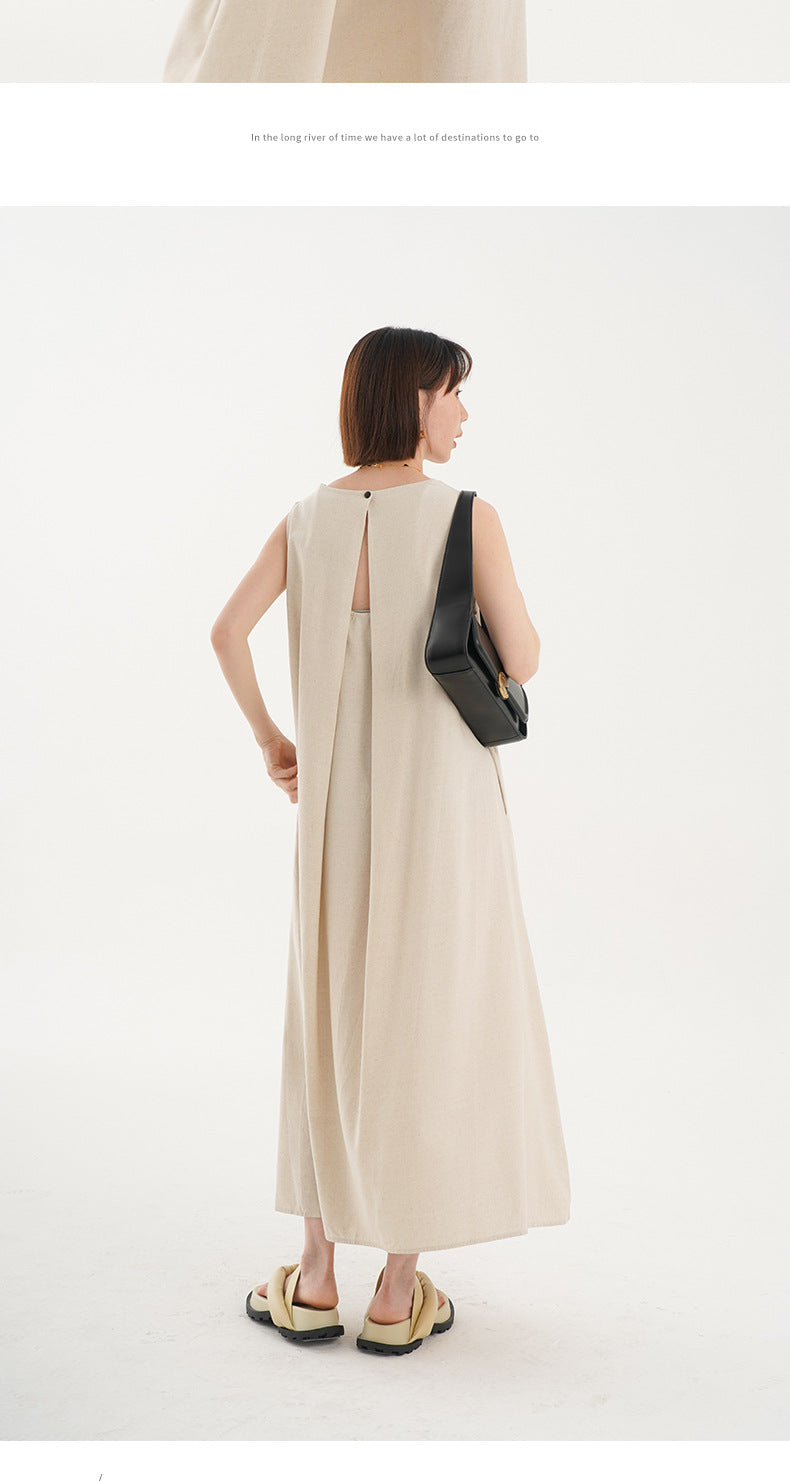Korean Chic2026 Summer French Design Loose Backless Sleeveless Vest Dress Casual Age-Reducing Long Dress
